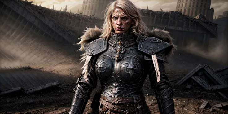 FACE CLOSEUP, photo of 1girl, solo, tough, battle hardened, angry face, cold eyes, tall thin, wide shoulders, ((heavily scarred face)), short blonde hair, hair flowing, gothic black armor, sob,, highly detailed realistic skin texture, standing proud, Epic ...