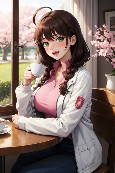 masterpiece, best quality, 1girl, breasts, cup, solo, large breasts, table, chair, long hair, sitting, looking at viewer, smile, jacket, braid, ahoge, open mouth, cherry blossoms, blush, holding cup, holding, shirt, brown hair, window, coffee, indoors, ope...