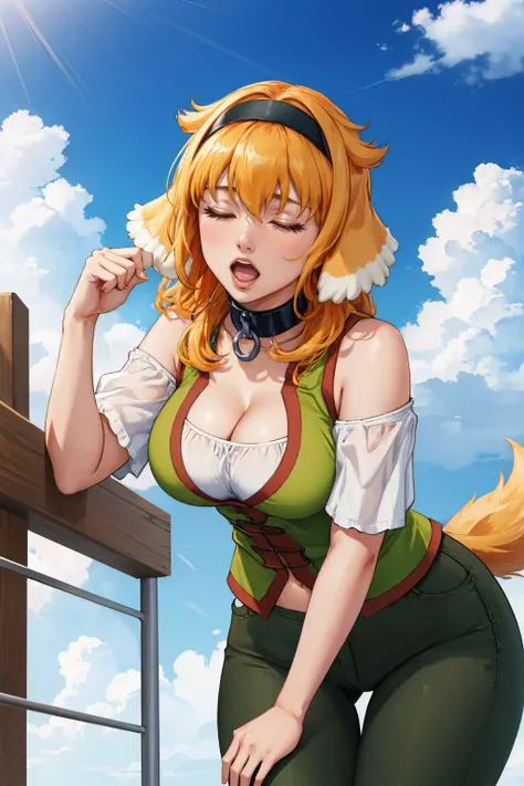 masterpiece, best quality, <lora:haremroxanne-nvwls-v1-000009:0.9> roxanne, dog ears, black hairband, collar, off-shoulder shirt, cleavage, green vest, green pants, dog tail, paw pose, closed eyes, yelling, cowboy shot, sky, clouds