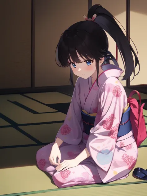 <lora:Sugiura_Koharu:0.8>,  Koharu, 1girl, japanese clothes, solo,ãpink_ kimono, ponytail, squatting, black hair, blue eyes, sandals, long hair, bangs, obi, sash, sidelocks, bag, yukata, pink kimono, long sleeves, closed mouth, full body, wide sleeves, b...