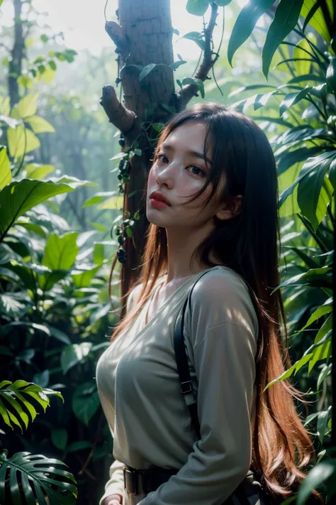 (realistic:1.3) , finely detailed, quality, (masterpiece:1.2) , (photorealistic:1.2) , (best quality) , (detailed skin:1.3) , (intricate details) , ray tracing, dramatic, cute girl, The intrepid explorer ventured deeper into the dense jungle, the canopy of...