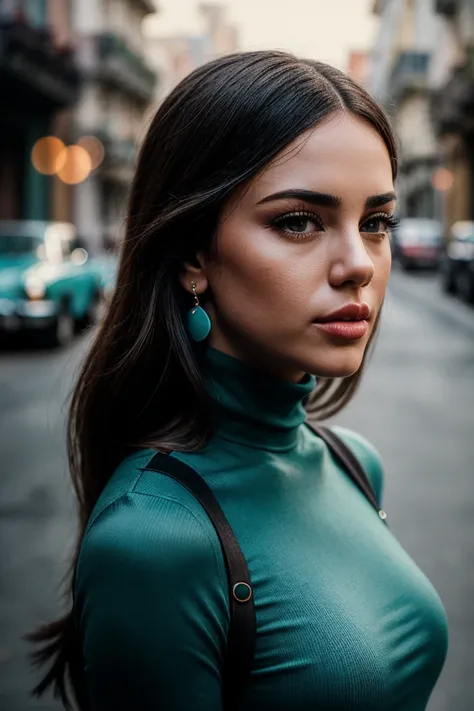 photo of seductive (zanamari-135:0.99), a beautiful woman, perfect hair upsweep updo, (modern photo), (Teal Blue  tight turtleneck dress, thigh-high stockings), (walking on the streets of Havana), (seductive pose), 85mm, (analog, cinematic, film grain:1.3)...