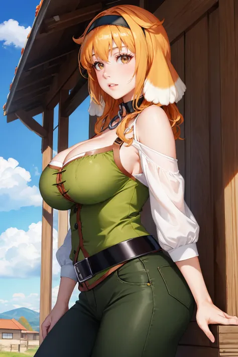 masterpiece, best quality, <lora:haremroxanne-nvwls-v1-000009:0.9> roxanne, dog ears, black hairband, collar, off-shoulder shirt, cleavage, green vest, green pants, large breasts, cowboy shot, from side, looking at viewer, parted lips, autumn, sky, village...