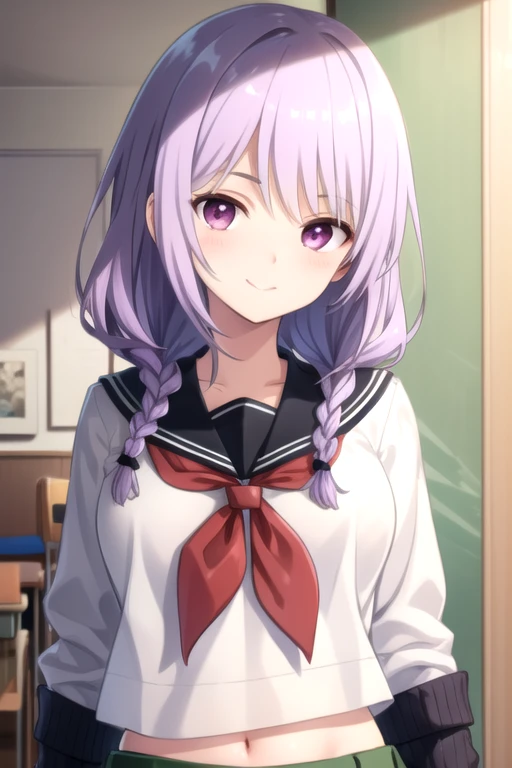 ((masterpiece)),(best quality),official art,extremely detailed CG,unity 8k wallpaper,ultra detailed,beautiful detailed eyes,extremely detailed face,1girl,solo,upper body,(portrait:1.5),looking at viewer,facing viewer,smile,long hair,purple hair,twin braids...