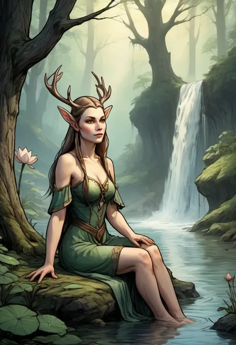 elf maiden in a misty forest sitting in the water near a waterfall deer antlers lotus looking away dramatic sun rays