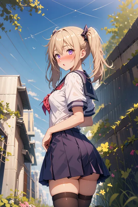 1girl, solo, outdoors, looking at viewer, (masterpiece:1.2), best quality, high resolution, unity 8k wallpaper, (illustration:0.8), (perfect hands, perfect anatomy), standing, (blush:1.5), shiny hair, shiny skin, sasha necron, blonde hair, low twintails, h...