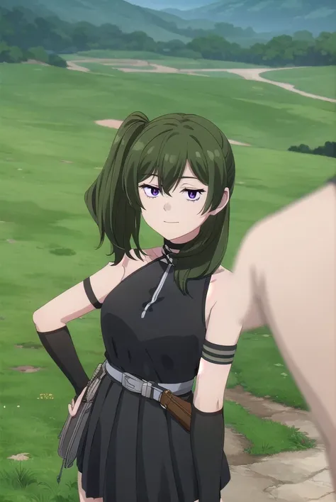 ubel, <lora:ubel-lora-nochekaiser:1>, 
ubel, medium hair, hair between eyes, green hair, side ponytail, (purple eyes:1.1), smile,
BREAK skirt, gloves, dress, bare shoulders, pleated skirt, sleeveless, black gloves, elbow gloves, belt, miniskirt, black skir...