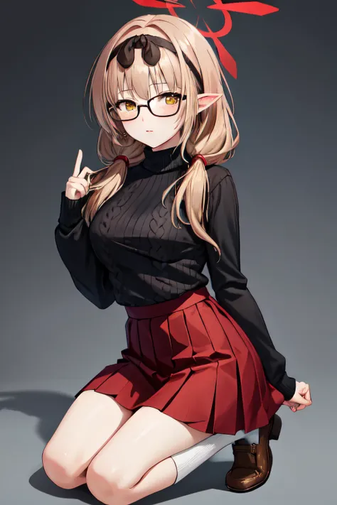 <lora:chinatsu_ba:1> chinatsu ba, solo, hairband, shoes, pleated skirt, brown footwear, sweater, twintails, 1girl, red skirt, socks, glasses, full body, black sweater, turtleneck sweater, long sleeves, halo, white background, simple background, low twintai...