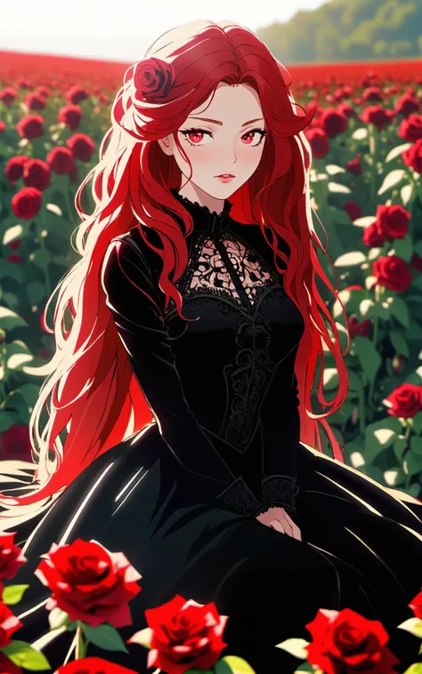 Cowboy Shot, ((glossy eyes)), (aesthetic, intricate:1.0)
1girl, red long hair, crimson eyes, detailed, crimson light, field of red roses, black dress, light particles, sitting on roses, outdoors, sunlight, ((photo-realistic:1.4)), 35mm, intricate details, ...