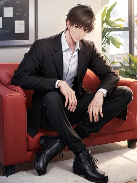 Gavin,<lora:Gavin:1>,, masterpiece,best quality, 1boy,shirt,male focus,jacket,white shirt,solo,sitting,looking at viewer,pants,couch,black jacket,black footwear,open jacket,long sleeves,black pants,open clothes,formal,shoes,collared shirt,