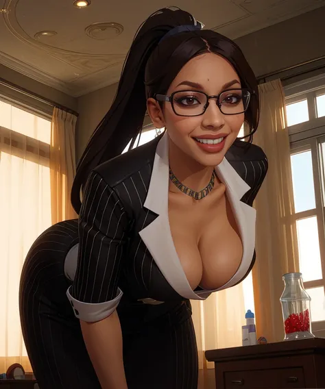 candy,brown eyes,black_framed glasses,ponytail,
necklace,vertical stripes,blackformal,cleavage,sexy pose,
standing,smile,leaning forward,
gotham,science fiction,indoors,
(insanely detailed, beautiful detailed face, masterpiece, best quality),<lora:candy:0....