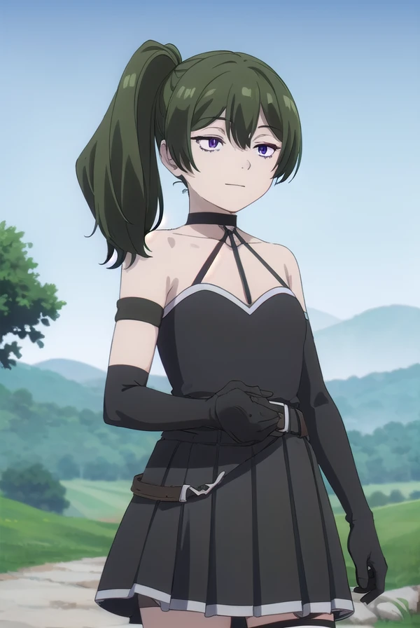 ubel, <lora:ubel-lora-nochekaiser:1>, 
ubel, medium hair, hair between eyes, green hair, side ponytail, (purple eyes:1.1), smile,
BREAK skirt, gloves, dress, bare shoulders, pleated skirt, sleeveless, black gloves, elbow gloves, belt, miniskirt, black skir...