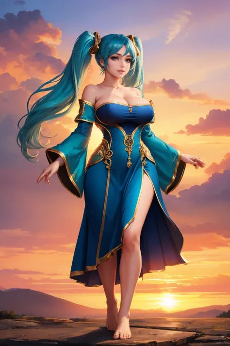 masterpiece, best quality, <lora:sona-nvwls-v1-000009:1> defSona, aqua hair, twintails, hair ornaments, off-shoulder, blue and green dress, cleavage, wide sleeves, gold trim, surprised, large breasts, standing, barefoot, smile, hand up, sky, clouds, sunset