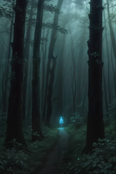 A lone wanderer, cloaked in shadows, navigates an otherworldly forest filled with bioluminescent flora. In the distance, an ethereal glow beckons, revealing a hidden realm. Describe the wanderers emotions and the mysteries awaiting discovery in this fantas...