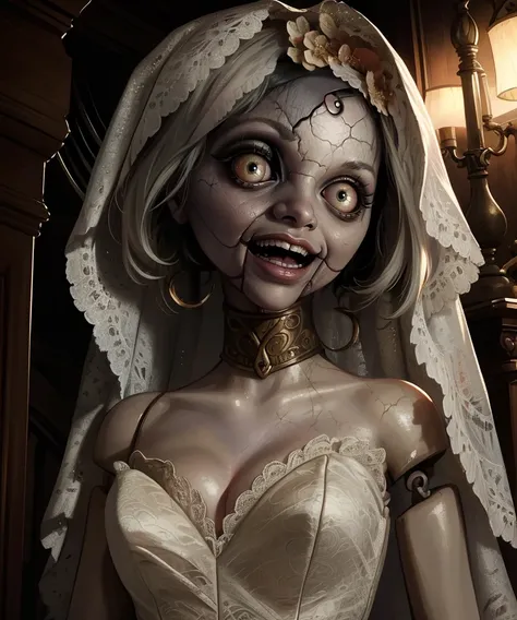 angie,black pupils,grey hair,short hair,doll joints,wide-eyed,doll,
wedding dress,bridal veil,cleavage,sleeveless,cracked skin,smile,third eye,
upper body, standing, 
mansion,dim lighting,horror (theme),
(insanely detailed, beautiful detailed face, masterp...