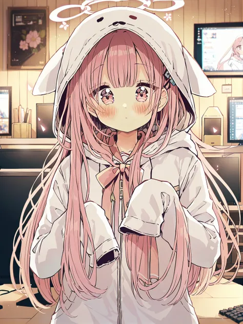 masterpiece,best quality,highest quality,best anatomy,sakura oriko,<lora:OPP	0J00SSDXL_LoHA>,1girl,solo,long hair,hood,pink hair,sleeves past wrists,blush,closed mouth,bangs,very long hair,jacket,upper body,virtual youtuber,long sleeves,hooded jacket,looki...