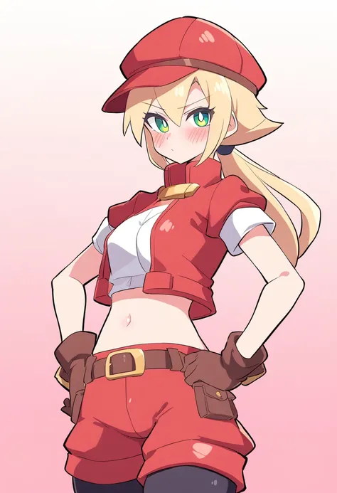 1girl, style:buzzlyears, red shorts, cabbie hat, shorts, green eyes, blonde hair, solo, red jacket, hat, brown gloves, gloves, jacket, cropped jacket, belt, blush, long hair, looking at viewer, short sleeves, hands on hips, red headwear, pink background, b...