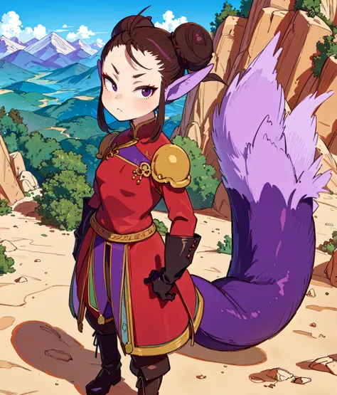 masterpiece, high res, anime screencap, detailed face, detailed eyes, 1 girl, solo, slender, brown hair, black eyes, red eyeshadow, long purple ears, hair bun, chinese clothes, red costume, purple tail, cowboy shot, (full body), outdoors, mountain  <lora:U...