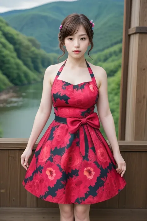 1woman, realistic, masterpiece, full body shot, scenic view
waist bow dress, elbow gloves, halter dress, floral print
<lora:halt...