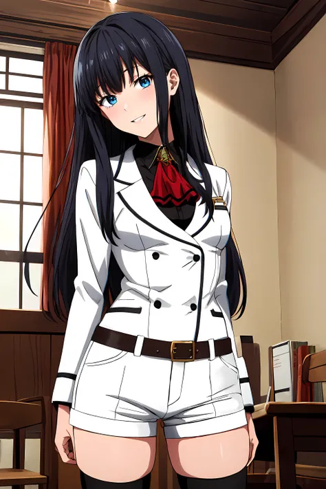 (masterpiece, best quality:1.2), highres, anime screencap, anime coloring, perfect lighting, 1girl, solo, seductive smile, parted lips, blush, head tilt, 
SZN_V1, black hair, long hair, bangs, straight hair, sidelocks, blue eyes, 
BREAK uniform, white jack...