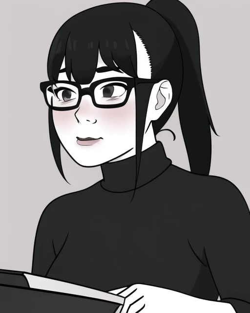 best quality, masterpiece, monochrome, meme, parody, <lora:mtstyle:0.8> mtstyle, 1girl, glasses, ponytail, :|, turtleneck, monitor, pc, studying, blush, upper body, solo, looking away, simple background