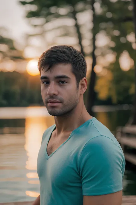 close-up headshot photo of dantaiperson  <lora:dan_tai-09:0.8> shirtless wearing a teal v-neck shirt, light bokeh, blurred outdoor lake background, golden hour, natural light, sunlight, relaxed natural expression