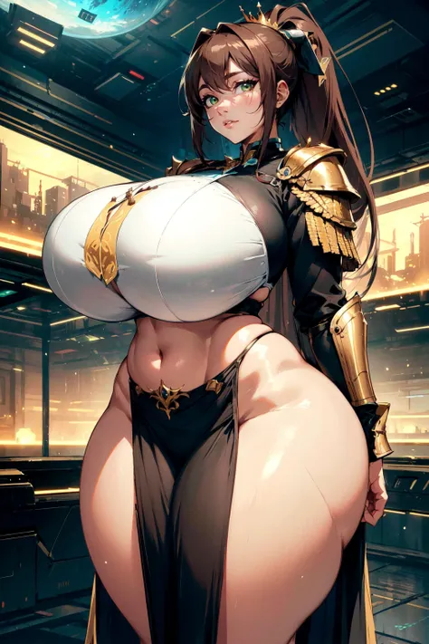 a beautiful woman, long hair, ponytail, dark brown hair, black eyes, wearing a gold ceremonial armor, calm expression, monarch, ...