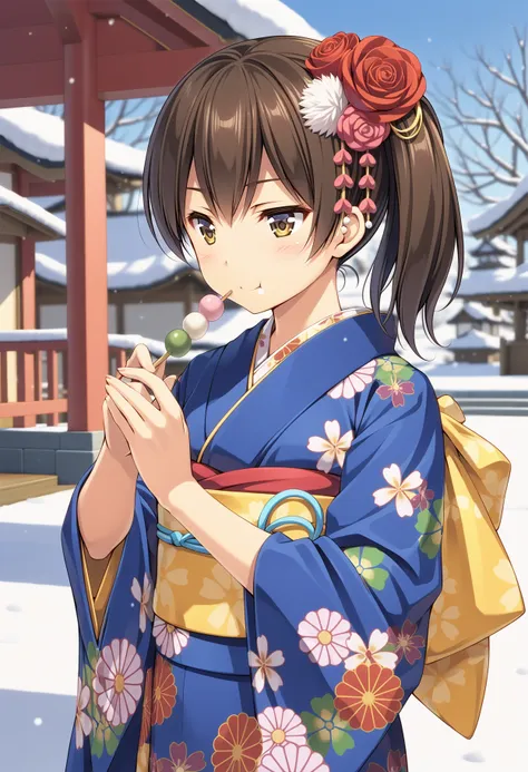 1girl, kaga (kancolle), kantai collection, ((yuzu modoki)), blue kimono, print kimono, floral print, long sleeves, wide sleeves, eating, sanshoku dango, holding dango, furisode, obi, yellow bow, hair ornament, hair flower, side ponytail, brown eyes, brown ...