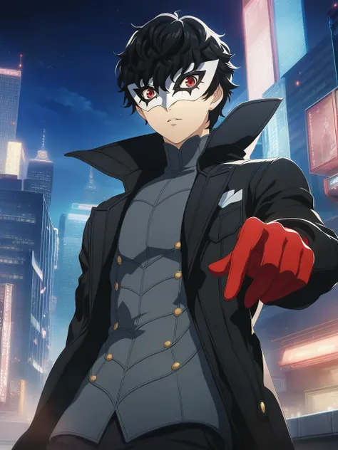 dsjoker, black hair, short hair, red eyes, mask, high collar, black coat, dark grey shirt, long sleeves, pants, red gloves, 1boy, male focus, solo
BREAK
cityscape, city lights, night, depth of field, cinematic, game cg, anime screencap, official art, maste...