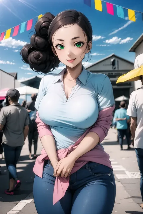 (masterpiece, best quality:1.4), <lora:carolinav4:0.7>, (highly detailed:1.2), brown hair, green eyes, curvy, female, dark-skinned female, tan, 1girl, solo, mature female, breasts, white shirt, blue jeans, teacher, collared shirt, curvy, red lipstick, outd...