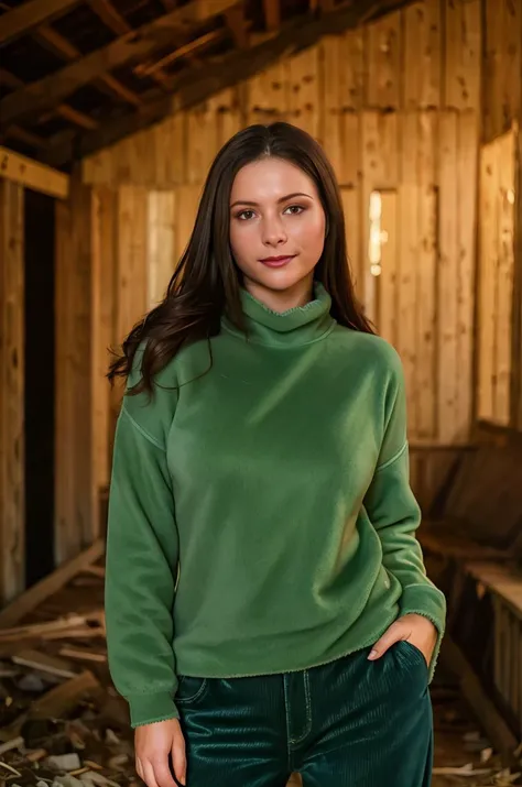 A stunning intricate full color portrait of a beautiful woman, fleece pullover and corduroy trousers, abandoned barn,lipstick, epic character composition,by ilya kuvshinov, alessio albi, nina masic,sharp focus, subsurface scattering, f2, 35mm, film grain, ...