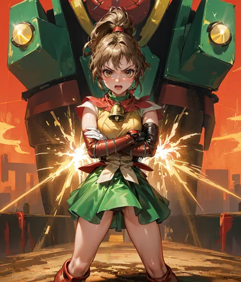 Anime screencap, masterpiece, best quality, detailed face, detailed eyes, 1girl, angry, ((giant robot lasers)) ((arms crossed, proud, dirt)) light brown hair, brown eyes, red yellow jester costume, green skirt, white collar, bell chocker, ponytail, brown t...