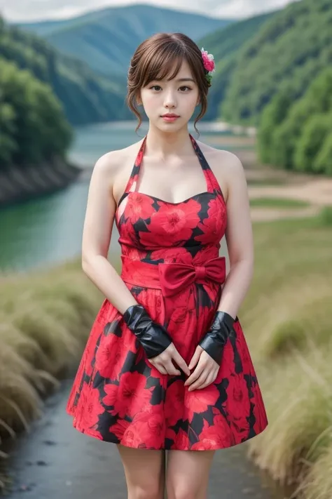 1woman, realistic, masterpiece, full body shot, scenic view
waist bow dress, elbow gloves, halter dress, floral print
<lora:halt...