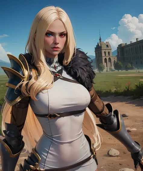 shane,blond hair,long hair,heterochromia,
short dress,single shoulder pad,fur trim,armor,arm bands,
upper body,serious,
standing,plains,
(insanely detailed, masterpiece, best quality),solo,<lora:shane:0.8>,