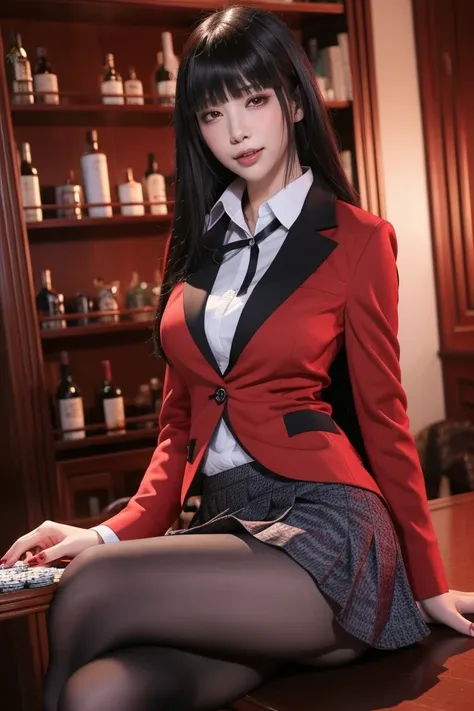 Yumeko JabamiV2,1girl,school uniform,solo,pantyhose,skirt,black hair,jacket,red jacket,long hair,red nails,hime cut,crossed legs,sitting,shirt,bangs,looking at viewer,white shirt,blunt bangs,black pantyhose,blazer,houndstooth,pleated skirt,lips,breasts,ind...