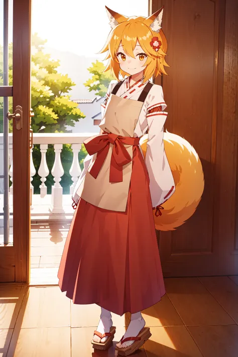 Masterpiece, best quality, perfect lighting, 1girl, solo, senko, orange hair, orange eyes, fox ears, fox tail, flower hair ornament, white miko kimono, tan apron, white socks, geta sandals, smile, fang, arms behind back, <lora:Senko:0.75>