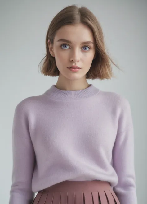 high quality fashion editorial, wearing a set of a sweater and a skirt, soft merino knit material in light purple, looking straight into the camera, standing in a white surrealistic space, 
Photorealistic, realistic, Canon 5D Mark IV 85mm f/1.8, realistic ...