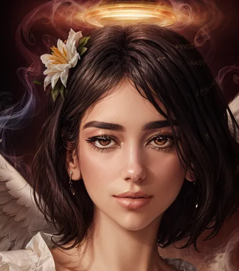 <lora:dua-01:1.2> a woman du4,((style-swirlmagic:0.9), portrait, looking away, solo,  upper body, detailed background, close up, shining (<lora:smoke_model:0.4>, smokestyle theme:1.1), divine archangel of love, soft smile, bright eyes,  (small floating hea...