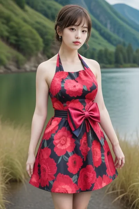 1woman, realistic, masterpiece, full body shot, scenic view
waist bow dress, elbow gloves, halter dress, floral print
<lora:halt...