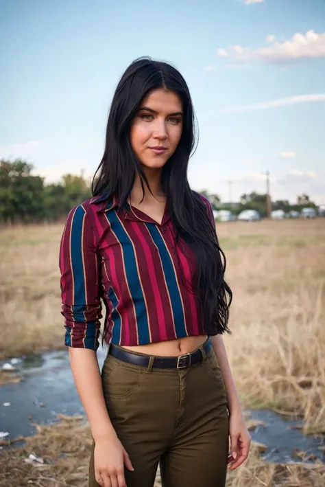 Instagram picture of a beautiful woman, striped top and brown slacks, vacant lot,natural lighting, epic character composition,by ilya kuvshinov, alessio albi, nina masic,sharp focus, subsurface scattering, f2, 35mm, film grain, long wavy hair  <lora:Ladyde...