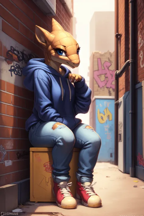 uploaded on e621, explicit content, 3d, cutesexyrobutts, hioshiru, (cooliehigh:0.5), female, sandshrew, alleyway setting, closeup, three-quarter portrait, sitting on transformer box, brick walls, worn brick, graffiti, (baggy hoodie, jeans, high tops)
<lora...