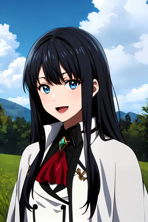 (masterpiece, best quality:1.2), highres, anime screencap, anime coloring, perfect lighting, 1girl, solo, smile, open mouth, 
SZN_V1, black hair, long hair, bangs, straight hair, sidelocks, blue eyes, 
BREAK uniform, white capelet, white jacket, long sleev...