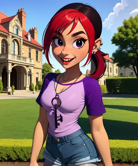 Mina,red hair,two-tone hair,small ponytail,black eyes,
purple shirt,short sleeves,key necklace,pantyhose,jean shorts,stud earrings,
large spooky mansion,smile,
standing,upper body,
(insanely detailed, masterpiece, best quality),
solo,<lora:MinaMonroe:0.8>,