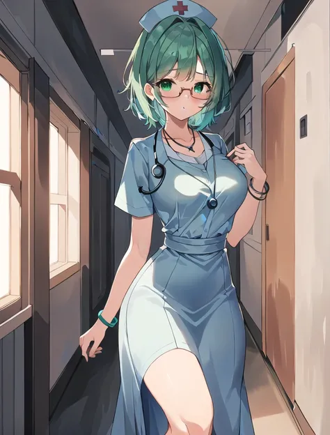 ((masterpiece, best quality, high quality)),1girl, (lower body, hospital) <lora:Long nurse unifirm T1:0.8> ((longnurset1, nurse cap, stethoscope, nurse,long dress)), <lora:Tomomi Kii:0.55> (1girl, 3dcg 08, aqua hair, bangle, collarbone, glasses, green eyes...