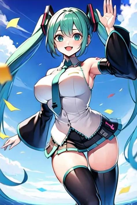 best quality, masterpiece, ultra high res, 1girl, hatsune miku, very long hair, twintails, aqua hair, aqua eyes, large breasts, green necktie, grey shirt, black sleeves, detached sleeves, black mini skirt, wind lift, outstretched arms, armpits, cloud, conf...