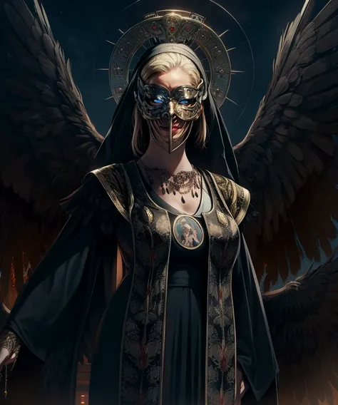 maranda,blue eyes,blonde hair, mechanical halo, 
black robes,jewelry,veil,mask,black feathered wings,necklace,multiple wings,
standing,
night, 
(insanely detailed, masterpiece, best quality),<lora:mothermaranda:0.8>,