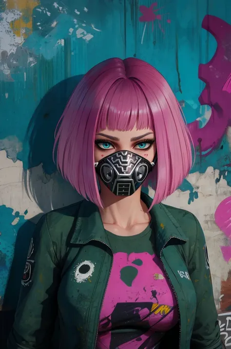 Nea,black hair,blue eyes,pink hair,mouth mask, bob cut, 
green jacket,   
standing,upper body,smile,
night,abandoned buildings,graffiti walls,
(insanely detailed, masterpiece, best quality),<lora:NeaKarlsson:0.8>,