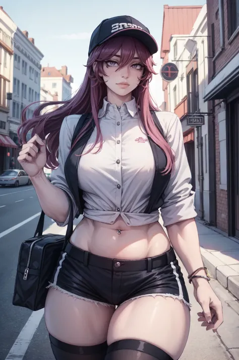 ((detailed eyes:1.2), detalied face, (dross), (solo:1.2), intricate details, ultra details, best quality, ultra quality, all focus),
(busy street, daytime),
1 girl, milf, mature female, older woman, black hair, purple eyes, pink baseball cap, navel_piercin...