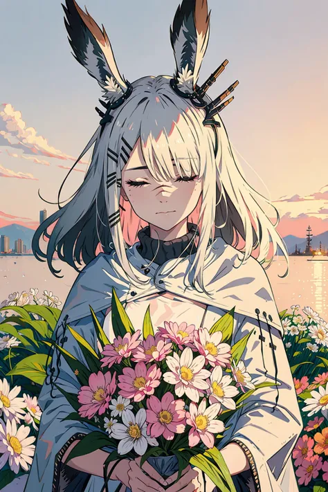 masterpiece, best quality,   <lora:frostnova:1>,
1girl, animal ears, flower, solo, hair ornament, long hair, bouquet, rabbit ears, closed eyes, animal ear fluff, grey hair, hairclip, holding bouquet, scar, closed mouth, scar on nose, white flower, grey bac...