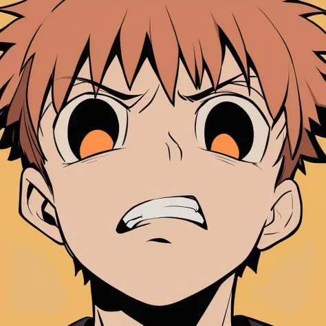 masterpiece, best quality, aokizy, 1boy, flat color, golden background, Emiya emiya shirou (cosplay), from front, portrait, clenched teeth, empty eyes, orange eyes, looking at viewer, serious,  <lora:aokizy_2.0_xl:1.1>